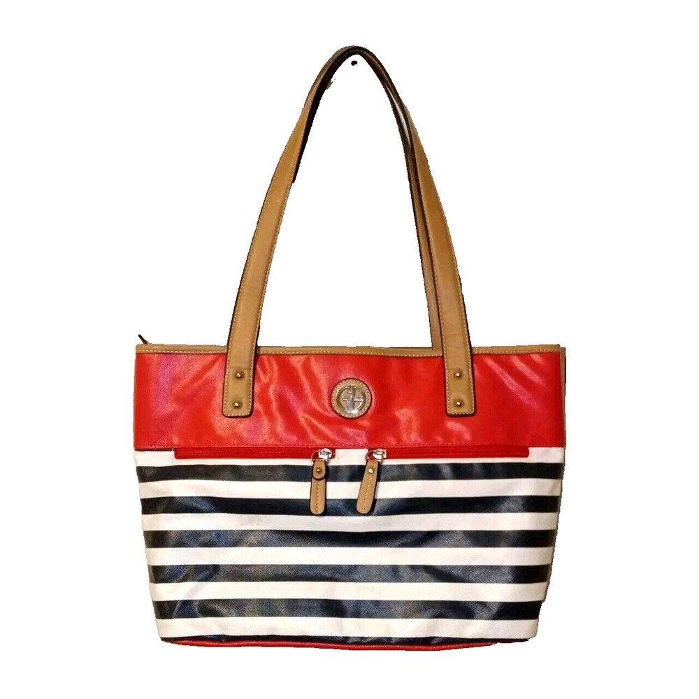 Giani Bernini Tote Bag Women Medium Red Navy White Striped Nautical Shoulder Bag